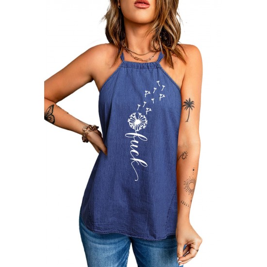 Blue Dandelion Luck Halterneck Denim Tank Top Blue Dandelion Luck Halterneck Denim Tank Top