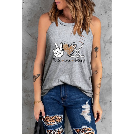 Gray Peace Love Hockey Letter Graphic Tank Top Gray Peace Love Hockey Letter Graphic Tank Top