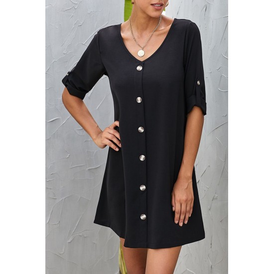 Black V Neck Button Front Roll up Tab Sleeve Dress Black V Neck Button Front Roll up Tab Sleeve Dress