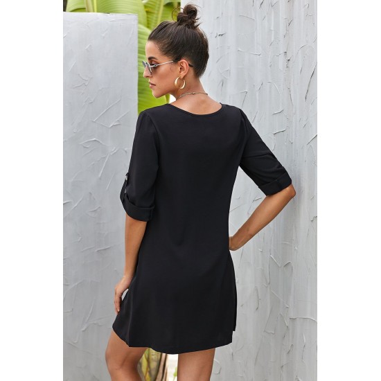 Black V Neck Button Front Roll up Tab Sleeve Dress Black V Neck Button Front Roll up Tab Sleeve Dress