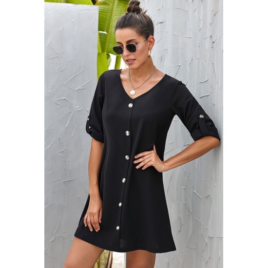 Black V Neck Button Front Roll up Tab Sleeve Dress Black V Neck Button Front Roll up Tab Sleeve Dress