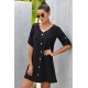 Black V Neck Button Front Roll up Tab Sleeve Dress Black V Neck Button Front Roll up Tab Sleeve Dress