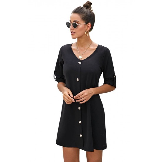 Black V Neck Button Front Roll up Tab Sleeve Dress Black V Neck Button Front Roll up Tab Sleeve Dress