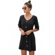 Black V Neck Button Front Roll up Tab Sleeve Dress Black V Neck Button Front Roll up Tab Sleeve Dress