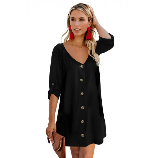 Black V Neck Button Front Roll up Tab Sleeve Dress Black V Neck Button Front Roll up Tab Sleeve Dress