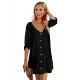 Black V Neck Button Front Roll up Tab Sleeve Dress Black V Neck Button Front Roll up Tab Sleeve Dress