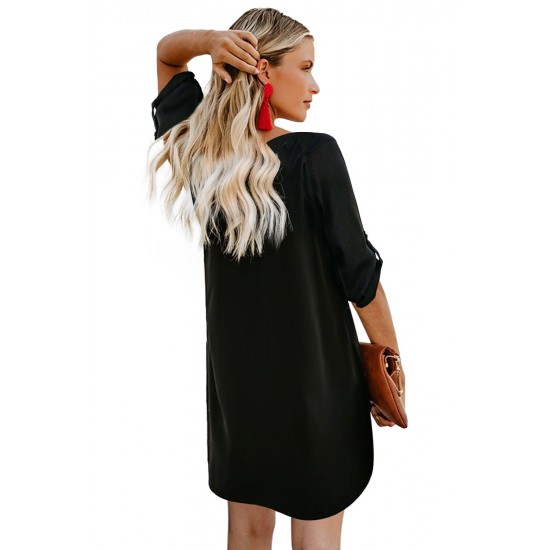 Black V Neck Button Front Roll up Tab Sleeve Dress Black V Neck Button Front Roll up Tab Sleeve Dress