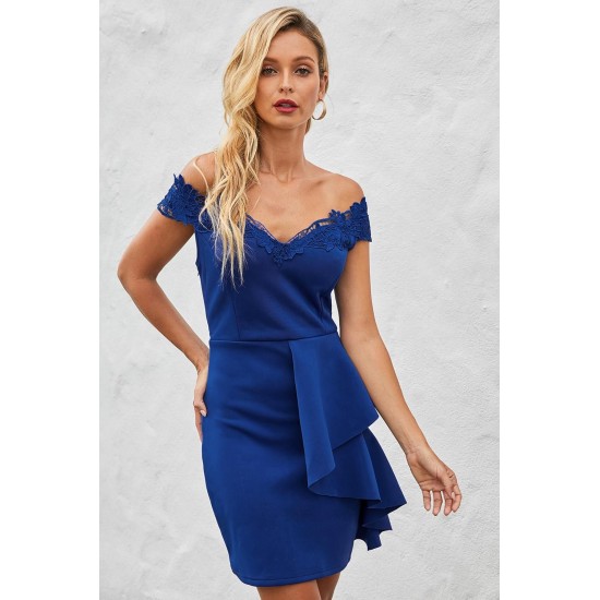 Blue Embroidered Off Shoulder Neck Cascading Mini Dress Blue Embroidered Off Shoulder Neck Cascading Mini Dress