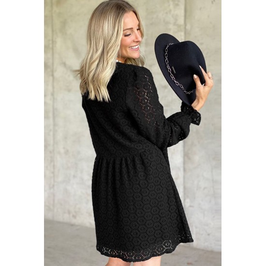 Black Lace Crochet V Neck A-line Mini Dress Black Lace Crochet V Neck A-line Mini Dress