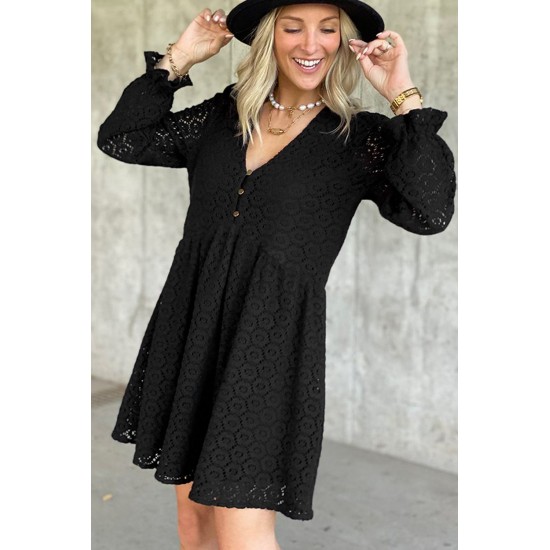 Black Lace Crochet V Neck A-line Mini Dress Black Lace Crochet V Neck A-line Mini Dress