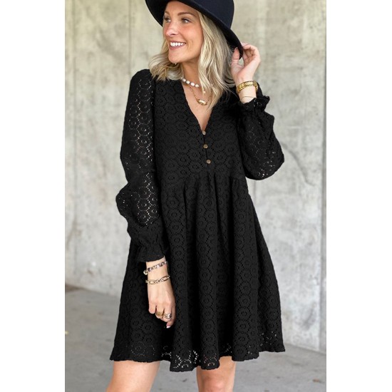 Black Lace Crochet V Neck A-line Mini Dress Black Lace Crochet V Neck A-line Mini Dress