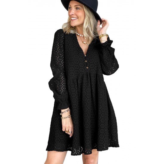 Black Lace Crochet V Neck A-line Mini Dress Black Lace Crochet V Neck A-line Mini Dress
