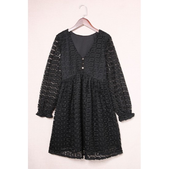 Black Lace Crochet V Neck A-line Mini Dress Black Lace Crochet V Neck A-line Mini Dress