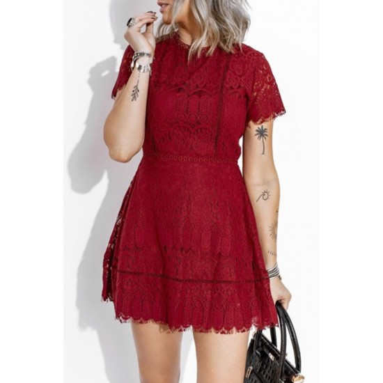 Red Lace Crochet Short Sleeve High Waist Mini Dress Red Lace Crochet Short Sleeve High Waist Mini Dress