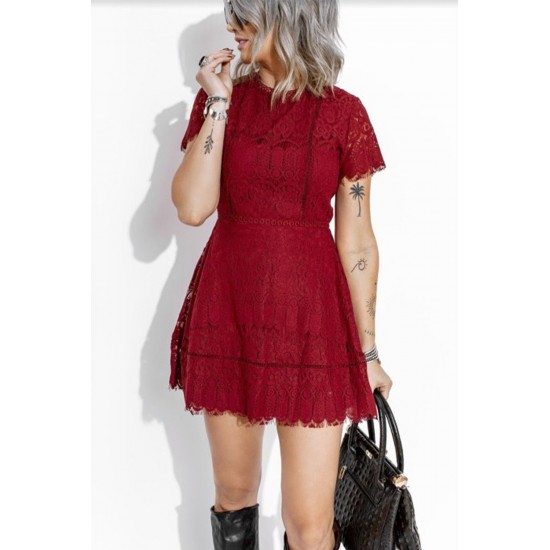 Red Lace Crochet Short Sleeve High Waist Mini Dress Red Lace Crochet Short Sleeve High Waist Mini Dress
