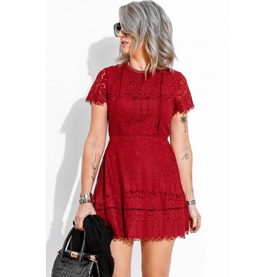 Red Lace Crochet Short Sleeve High Waist Mini Dress Red Lace Crochet Short Sleeve High Waist Mini Dress