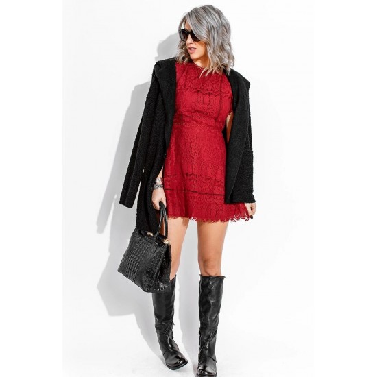 Red Lace Crochet Short Sleeve High Waist Mini Dress Red Lace Crochet Short Sleeve High Waist Mini Dress