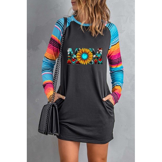 Mom Sunflower Print Striped Raglan Sleeve Shift Mini Dress Mom Sunflower Print Striped Raglan Sleeve Shift Mini Dress