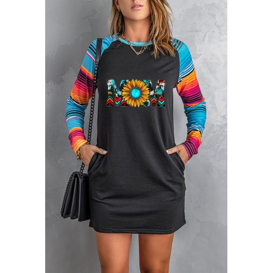 Mom Sunflower Print Striped Raglan Sleeve Shift Mini Dress Mom Sunflower Print Striped Raglan Sleeve Shift Mini Dress