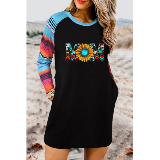 Mom Sunflower Print Striped Raglan Sleeve Shift Mini Dress Mom Sunflower Print Striped Raglan Sleeve Shift Mini Dress