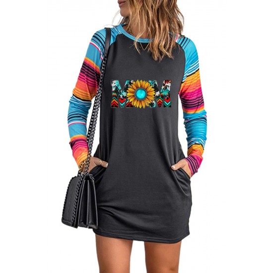 Mom Sunflower Print Striped Raglan Sleeve Shift Mini Dress Mom Sunflower Print Striped Raglan Sleeve Shift Mini Dress