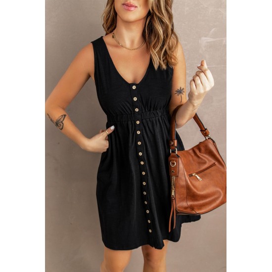 Black Buttons Sleeveless High Waist Mini Dress Black Buttons Sleeveless High Waist Mini Dress