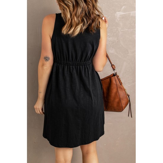 Black Buttons Sleeveless High Waist Mini Dress Black Buttons Sleeveless High Waist Mini Dress