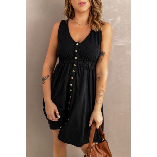 Black Buttons Sleeveless High Waist Mini Dress Black Buttons Sleeveless High Waist Mini Dress