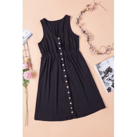 Black Buttons Sleeveless High Waist Mini Dress Black Buttons Sleeveless High Waist Mini Dress