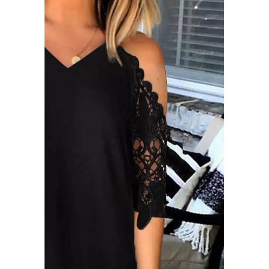Black Black Lace Splicing Cold Shoulder Mini Dress Black Black Lace Splicing Cold Shoulder Mini Dress
