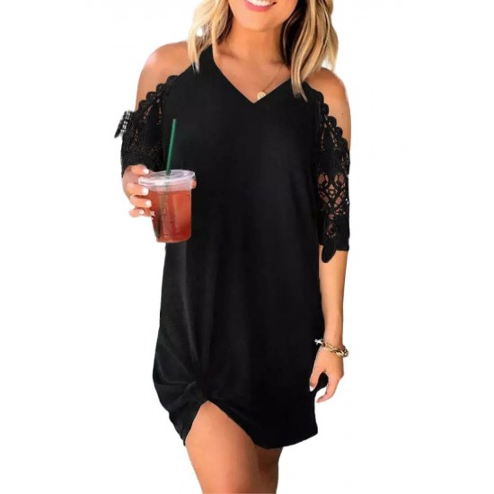 Black Black Lace Splicing Cold Shoulder Mini Dress Black Black Lace Splicing Cold Shoulder Mini Dress