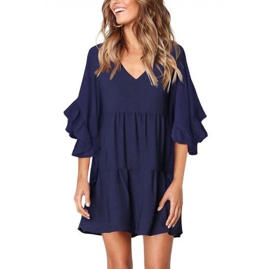 Blue V Neck Ruffled Swing Tunic Shift Dress Blue V Neck Ruffled Swing Tunic Shift Dress