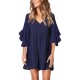 Blue V Neck Ruffled Swing Tunic Shift Dress Blue V Neck Ruffled Swing Tunic Shift Dress