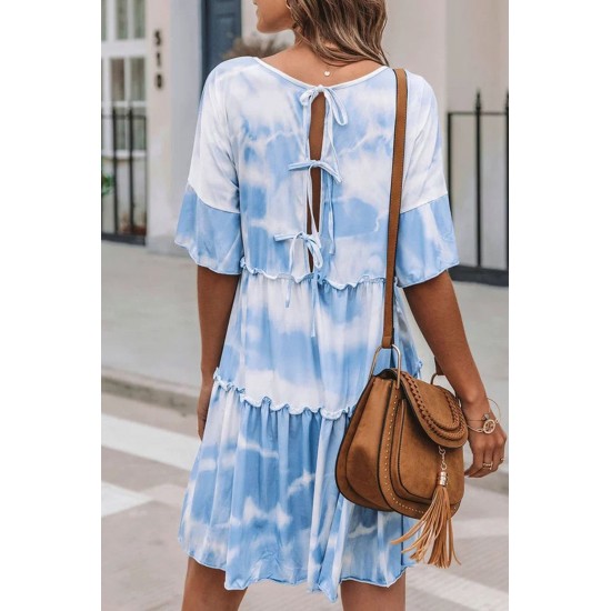 White Crew Neck Tie Dye Half Sleeve Dress White Crew Neck Tie Dye Half Sleeve Dress