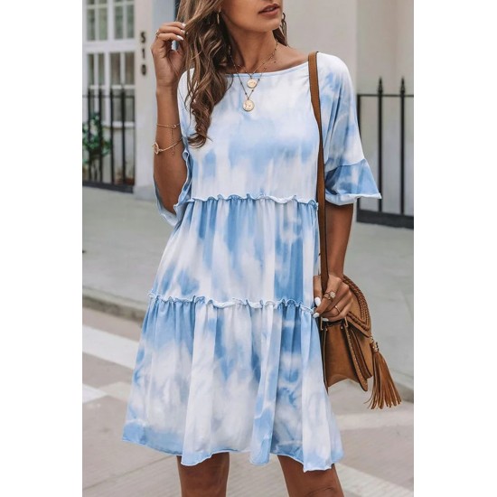 White Crew Neck Tie Dye Half Sleeve Dress White Crew Neck Tie Dye Half Sleeve Dress