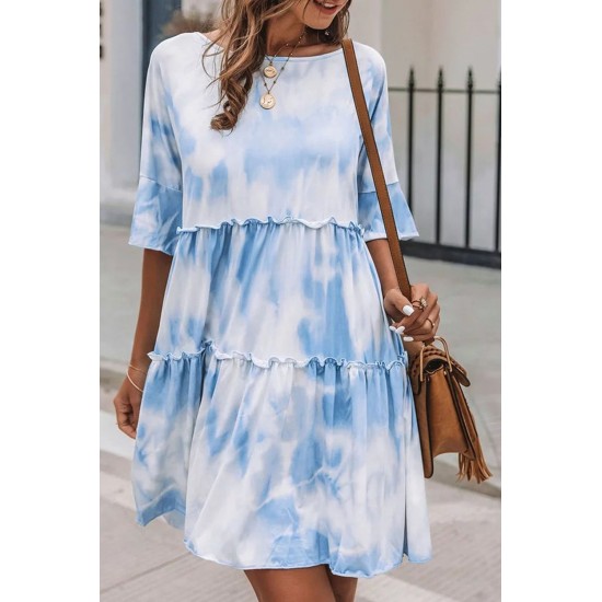 White Crew Neck Tie Dye Half Sleeve Dress White Crew Neck Tie Dye Half Sleeve Dress