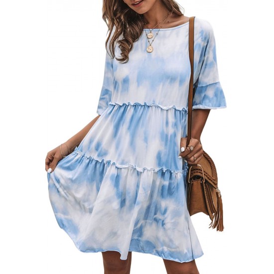 White Crew Neck Tie Dye Half Sleeve Dress White Crew Neck Tie Dye Half Sleeve Dress