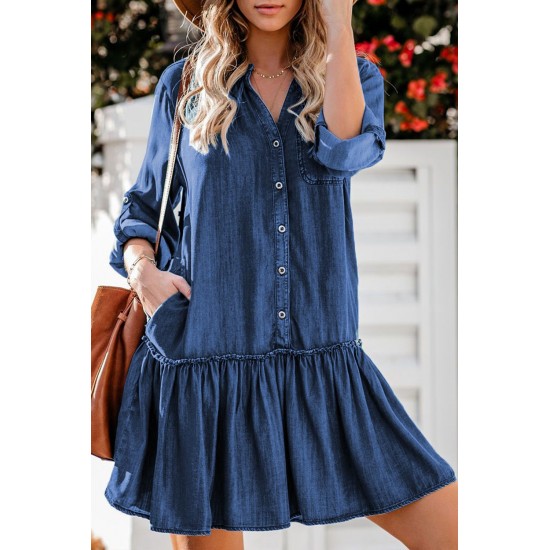 Pocketed Ruffled Denim Shirt Mini Dress Pocketed Ruffled Denim Shirt Mini Dress