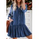 Pocketed Ruffled Denim Shirt Mini Dress Pocketed Ruffled Denim Shirt Mini Dress