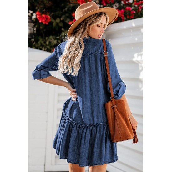 Pocketed Ruffled Denim Shirt Mini Dress Pocketed Ruffled Denim Shirt Mini Dress