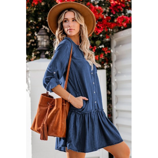 Pocketed Ruffled Denim Shirt Mini Dress Pocketed Ruffled Denim Shirt Mini Dress