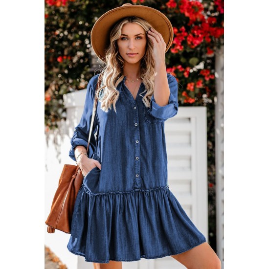 Pocketed Ruffled Denim Shirt Mini Dress Pocketed Ruffled Denim Shirt Mini Dress
