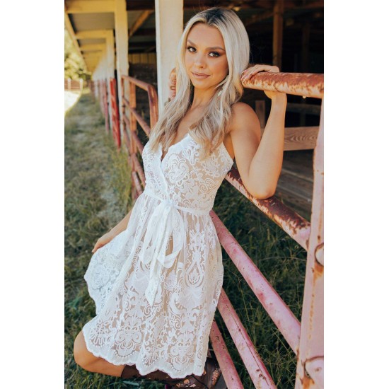 White Spaghetti Straps Lace Mini Dress with Waist Tie White Spaghetti Straps Lace Mini Dress with Waist Tie