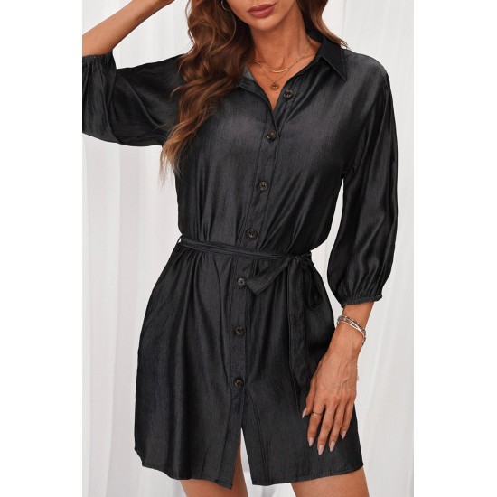 Black Buttoned Tie Waist Denim Shirt Mini Dress Black Buttoned Tie Waist Denim Shirt Mini Dress