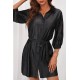 Black Buttoned Tie Waist Denim Shirt Mini Dress Black Buttoned Tie Waist Denim Shirt Mini Dress