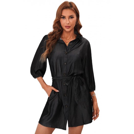 Black Buttoned Tie Waist Denim Shirt Mini Dress Black Buttoned Tie Waist Denim Shirt Mini Dress