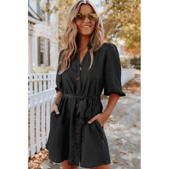 Black Buttoned Tie Waist Denim Shirt Mini Dress Black Buttoned Tie Waist Denim Shirt Mini Dress