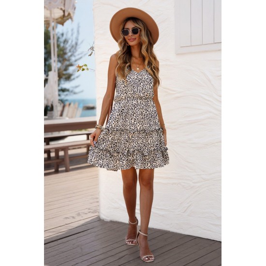 Leopard Spaghetti Straps Ruffle Mini Dress Leopard Spaghetti Straps Ruffle Mini Dress