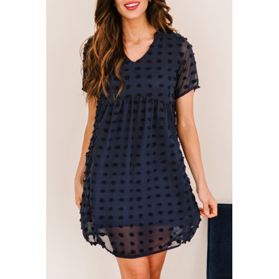 Dark V Neck Pompom Babydoll Style Short Sleeves Flowy Mini Dress Dark V Neck Pompom Babydoll Style Short Sleeves Flowy Mini Dress