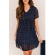 Dark V Neck Pompom Babydoll Style Short Sleeves Flowy Mini Dress Dark V Neck Pompom Babydoll Style Short Sleeves Flowy Mini Dress